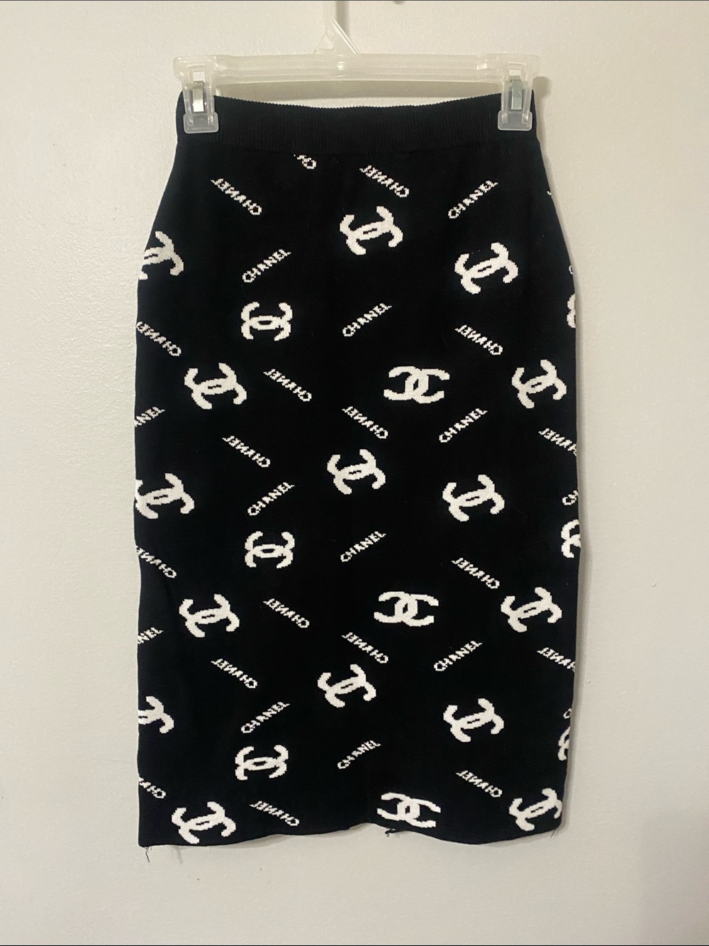 Black Knit Pencil Skirt with White CC Logos Womans XS